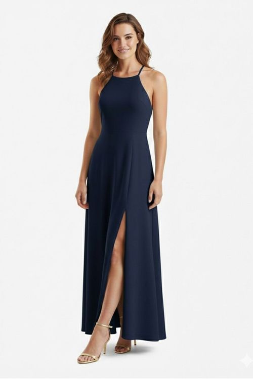 VESTIDO MIDI DECOTE ALTO MARINHO.